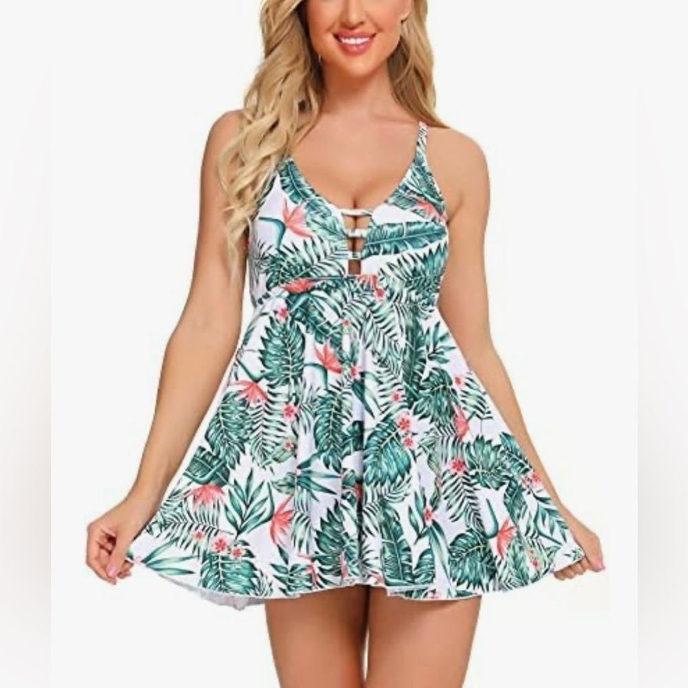 Finwanlo Tropical Leaf Print Dress and shorts bathing suit 2 piece size small